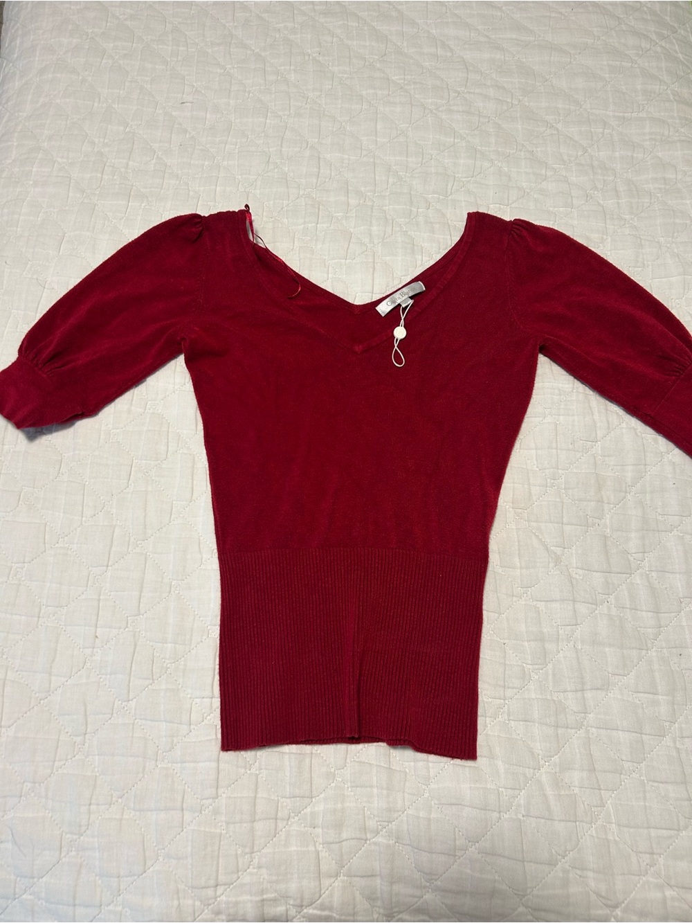 Y2K Costa Blanca Deep Red V-Neck Puff Sleeve Sweater Blouse size S